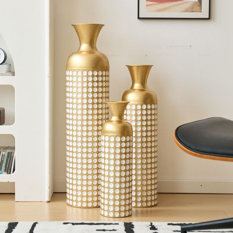 Ensemble de 3 grands vases de sol, dorés à pois blancs (50/66/83 cm) - Grands vases décoratifs en métal, pots de fleurs pour salon et couloir, style vintage