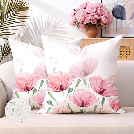 Cushion Covers 40 x 40 cm Outdoor Pink Flowers Decorative Sofa Cushion Cover Waterproof Linen Aesthetic Pillowcase Decoration for Sofa Chair Garden (1/5)