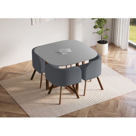Deco In Paris – Ensemble table carrée 100x100 cm avec 4 chaises encastrables grises – Plateau bois et pieds métal – Style scandinave moderne