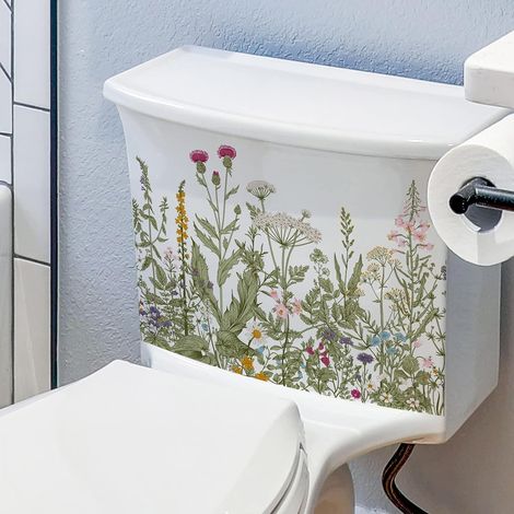Autocollants pour couvercle de siège de toilette, feuilles et fleurs, feuilles vertes, autocollants pour abattant de toilettes, autocollants, imperméables et amovibles pour décoration de réservoir de (1/5)