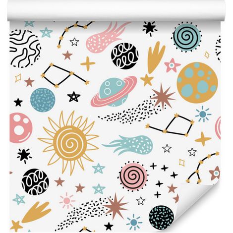 Carta da parati con stelle e pianeti colorati in stile scandinavo, 50x1000 cm (1/5)