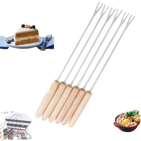 6 pièces - Fourchettes à fondue en acier inoxydable - Fondue au chocolat - Service à fondue - Brochettes à fondue - Petites fourchettes à fondue - Accessoires pour fondue - Bois - Pique-nique - Campin (1/5)