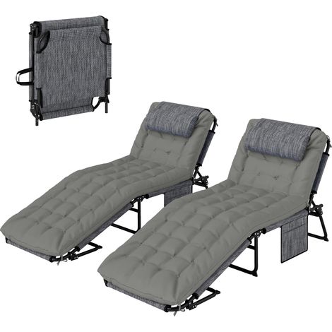 Lot de 2 transats bains de soleil pliable avec dossier inclinable 4 positions - appui-tête et matelas épais