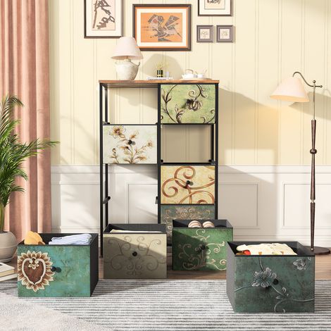 Commode à motifs floraux vintage, 8 tiroirs avec housses en tissu, plateau en bois et structure métallique. Idéale pour chambre, salon ou entrée (1/5)