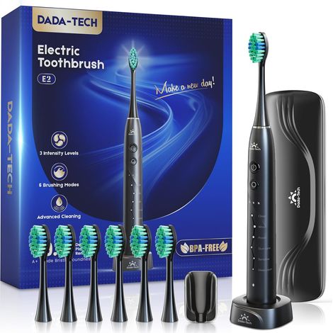 Brosse à dents électrique pour adultes et enfants, rechargeable, sonique, avec étui de voyage, support et 7 têtes de brosse, 6 modes et 3 intensités, minuterie de 2 minutes (Noir) (1/5)