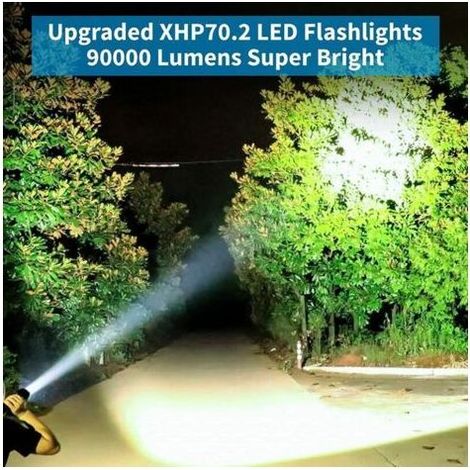 Linternas LED recargables de alto brillo, 90.000 lúmenes, linternas tácticas súper brillantes, linterna impermeable con zoom Xhp70.2, 5 modos para acampar, senderismo, al aire libre (1/3)