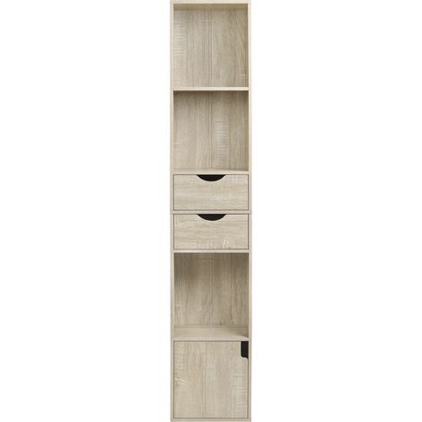 Bibliothèque haute en bois mélaminé couleur chêne clair 30x157,5x24 cm avec 3 compartiments ouverts, 2 tiroirs et 1 porte (1/5)