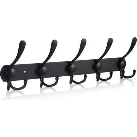 Perchero de pared, ganchos para abrigos de acero inoxidable resistente, 5 ganchos triples, perchero para abrigos, sombreros y toallas, ideal para entrada y baño, color negro