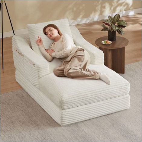 Fauteuil Convertible 100x162x68cm Velours Côtelé Blanc 1 Place - Canapé-Lit - Mousse Haute Densité, Double Couche, Sans Cadre (1/5)