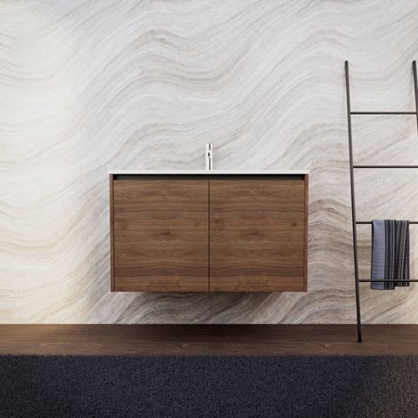 Inda - Badezimmerschrank B.100 mit mattiertem Waschbecken / Braune Eiche 2 Türen - Saphir
