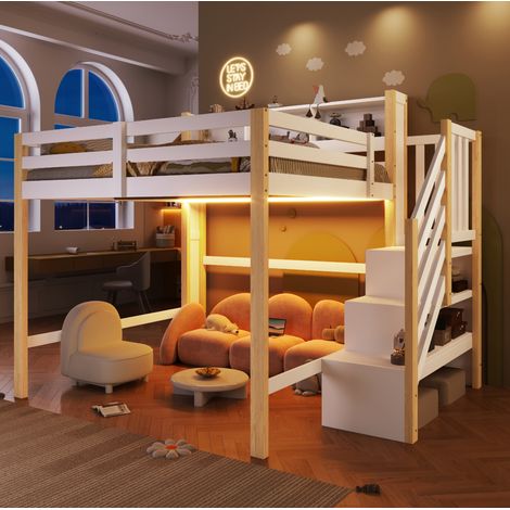 Kinder-Hochbett 140 x 200 cm mit LED, Stauraumtreppe, weiß und natur HAVRYA (1/5)