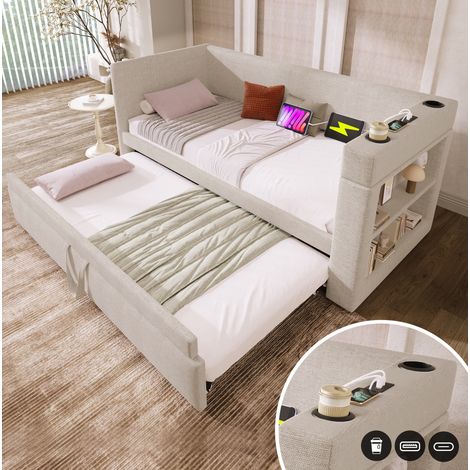 Polsterbett Daybed 90x190 cm Beige, Baumwoll-Leinen, mit Ausziehbett, USB/Type-C, Getränkehaltern und offenen Ablagen (1/5)