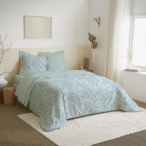 Parure de couette 4 pièces réversible 240 x 220 cm "Cachemire Bleu" pour lit 140 x 190 cm Coton Pur