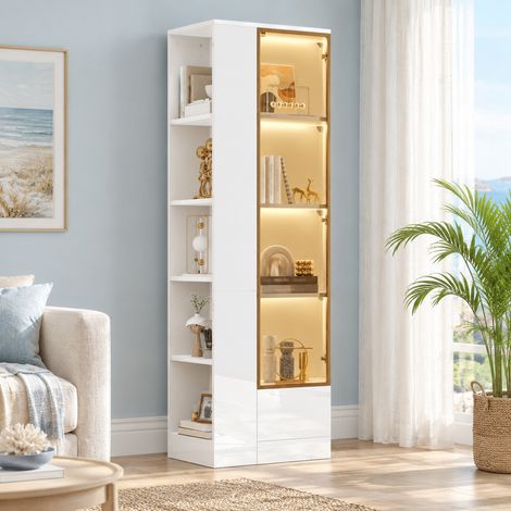 Vitrina 50x35x160 cm de aglomerado y vidrio blanco con LED y cajón - MEUBLIV (1/5)