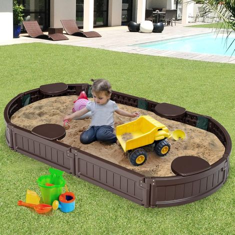 COSTWAY Sandbox Sandkasten mit wasserdichter Abdeckung und Bodenauskleidung, Outdoor Sandkiste Platz für 4 Kinder 183x105x21cm (1/5)