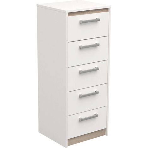 Commode Watson 5 tiroirs en mélamine 107 cm Blanc et chêne Kronberg - Idéale pour le rangement à domicile (1/5)