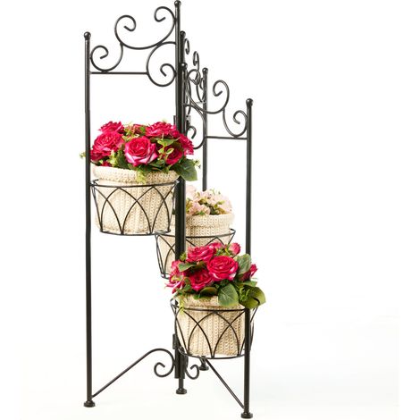 Metall Blumenregal schwarz klappbar - 75 x 35 cm - Pflanzenständer mit 3 Etagen - Blumen Pflanzen Hocker Ständer Treppe Regal