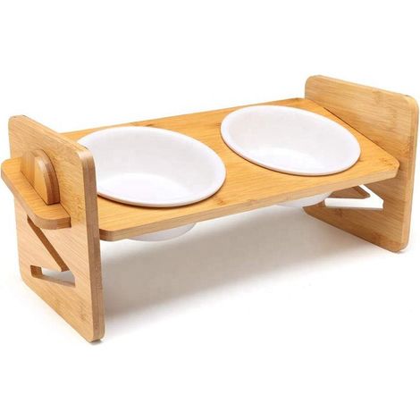 Gamelles surélevées pour chats et petits chiens, support réglable en bambou avec 2 bols en céramique, distributeur d'eau et de nourriture pour animaux, table élévatrice stable, idéal repas confortable (1/5)