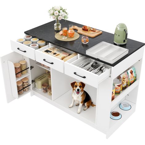 Îlot de cuisine, armoire à 3 tiroirs, 1 étagère à épices, tablette réglable, double tablette, Espace avec animaux de compagnie , 120x60x90 cm, blanc (1/5)