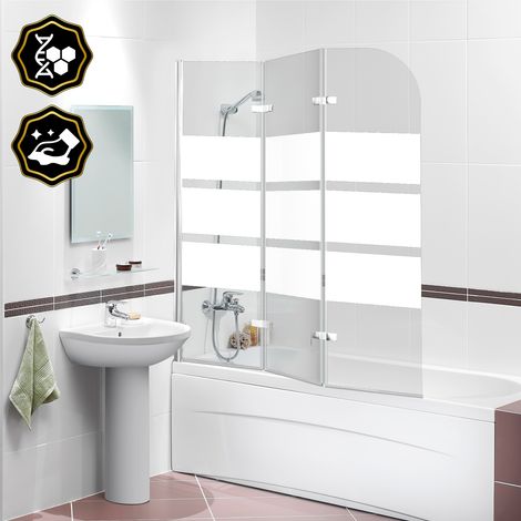 Jiubiaz Duschwand Badewanne 120 x 140 cm, 3-teilig faltbare Badewannenfaltwand, Badewannenaufsatz aus 6 mm ESG Sicherheitsglas, 180° schwenkbar, Weiße Streifen (1/5)