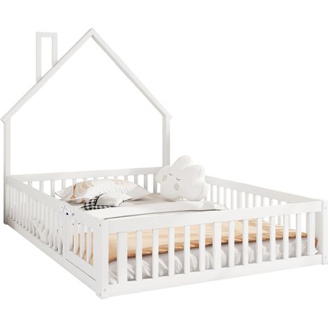 Lit rembourré, 140 x 190 cm, lit enfant en forme de cheminée, lit avec sommier à lattes (sans matelas), bois de pin, style minimaliste, blanc (1/5)