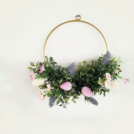 Guirlande Murale Artificielle - Cercle Métallique Doré 32 x 36 cm - Fleurs en Tissu et Plastique - Pour Porte Mur Fenêtre - 1 Pièce (1/4)