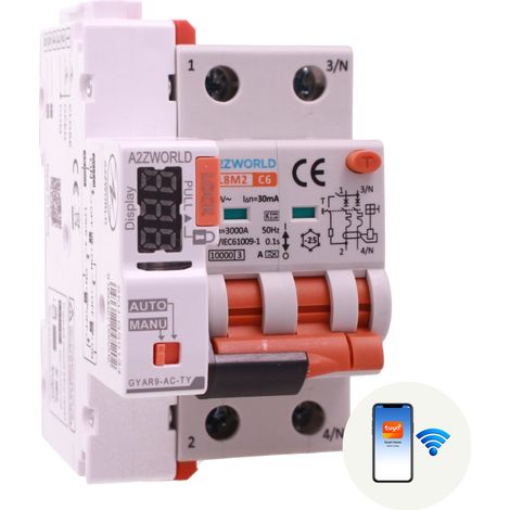 RCBO Interruttore Magnetotermico Differenziale WIFI Con Riarmo Automatico, Tipo A - SI Curva C 2P Veri 3M 6000A 30mA, AC 230V IP20 PL8M2, Disponibili 6A 10A 16A 20A 25A 32A 40A (C6A) (1/3)