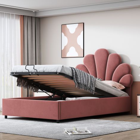 Lit bébé convertible 90 x 200 cm, avec tête de lit fleuri et sommier, tête réglable en hauteur et espace de rangement hydraulique, tissu moelleux en velours doux
