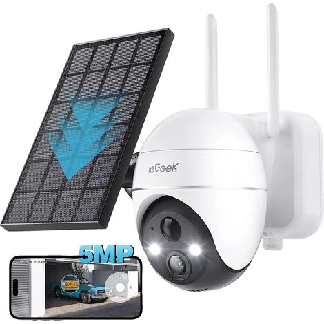 Caméra de surveillance extérieure sans fil, résolution 5MP, alimentée par énergie solaire, batterie de 9000mAh, plage de mouvement de 360°, vision nocturne en couleur (1/5)
