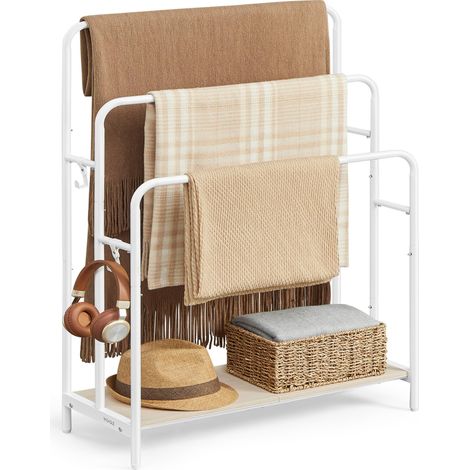 Porte Serviette Salle de Bain, Range Serviette, sur Pied, 3 Barres, 70 x 30 x 100 cm, 2 Crochets, Étagère de Rangement, Blanc Mat et Beige Naturel LLS019W01 (1/5)