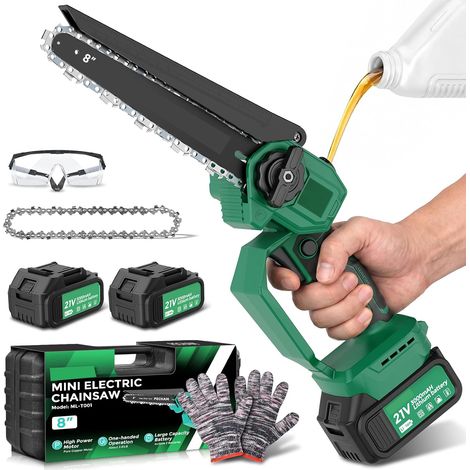 8-Zoll-Mini-Kettensäge, 800-W-Akku-Kettensäge mit bürstenlosem Motor, inkl. 2 × 3,0-Ah-Akkus & 2 Ketten – leichte Handkettensäge für Baumschnitt, Astschnitt und Holzzuschnitt (1/5)