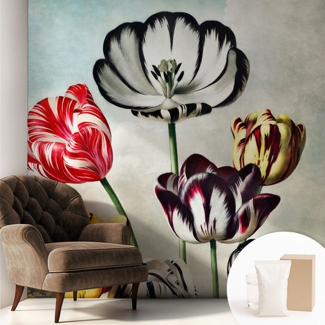 Tapete Vliestapete mit Kleber - abwaschbar - Arbeitszimmer - Esszimmer- Top Qualität Bunte Tulpen 250x250 cm (1/5)