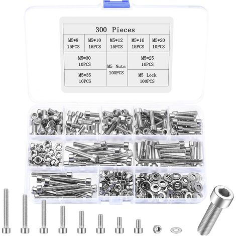 300 PcsVis M5, Boulons et Écrous, Vis à Tête Cylindrique à Six Pans Creux, Assortiment de Vis Boulon à Tête Hexagonale en acier inoxydable et Écrous avec Rondelles (1/5)
