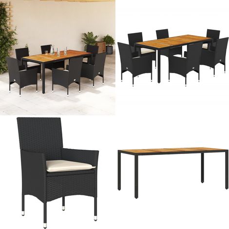 Ensemble à manger de jardin et coussins 7pcs noir rotin acacia - Meubles De Jardin - Salon De Jardin - Set De Jardin - Mobilier Extérieur - Table De Jardin - Home & Living (1/5)