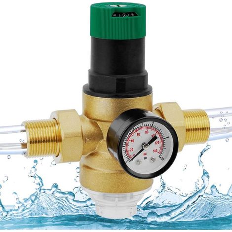Reducteur de Pression Eau, 3/4" Limiteur de Pression Avec Manometre Pression Eau Et Filtre à Mailles, Réducteur de Pression d'eau Fabriqué en Laiton Haute Dureté (1/5)
