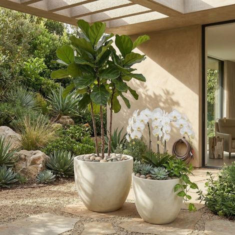 Ensemble de 2 jardinières rondes en béton, grands pots décoratifs rustiques faits main pour l'extérieur et l'intérieur, avec trous de drainage pour la maison, le jardin et la terrasse, 38 x 32 cm et 4 (1/5)