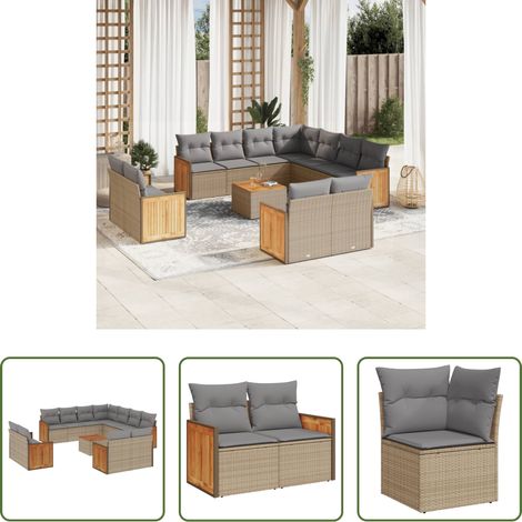 vidaXL Gartensessel - 12-tlg. Garten-Sofagarnitur mit Kissen Beige Poly Rattan (1/5)