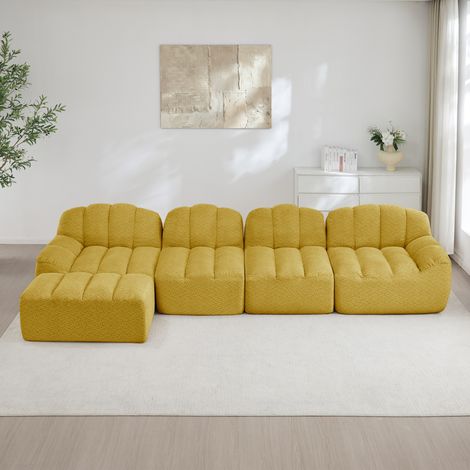 FloraGrace Canapé modulaire 4 places avec ottoman, tissu granuleux jaune, pour salon et petit espace (1/5)