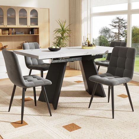 Ensemble salle à manger extensible 5 pièces – Table blanche 99-159x74x77cm – 4 chaises velours gris – Design moderne et robuste (1/5)