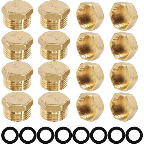 24 tapones de obturación para tuberías de agua (rosca exterior y hembra), de latón con arandelas de soporte para tuberías de jardín.