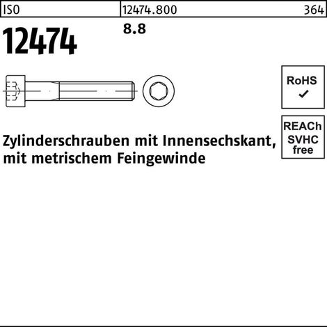 ISO 12474 Zylinderkopf-Schaftschraube Feingewinde M12x50 Stahl 8.8 blank Innensechskant 100 Stk (1/2)