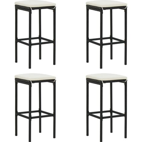 Set di 4 sgabelli da bar con poggiapiedi con cuscini panna in resina wicker nera DEC029581
