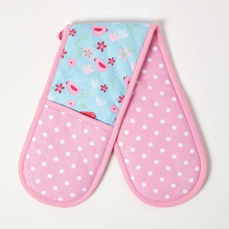 HOMESCAPES Birds and Flowers Pink Cotton Double Oven Glove (1/5)