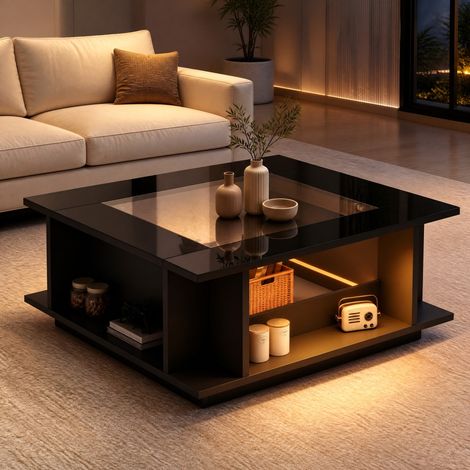Quadratischer Couchtisch 70x70x30 cm aus Spanplatte, Schwarz, Glasplatte, LED (1/5)