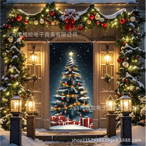 Arrière-plan de porte décoratif Noël / Polyester 90x180cm avec œillets et ruban (1/2)