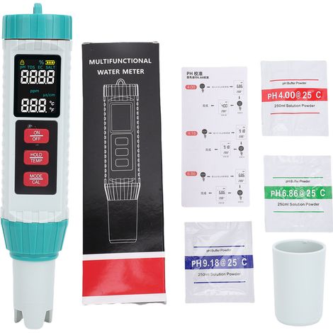 Testeur de qualité de l'eau portable 5 en 1 – PH, EC, TDS, salinité, compteur de température avec sonde très sensible et compensation automatique, écran rétroéclairé pour aquarium, piscines, laboratoi (1/5)