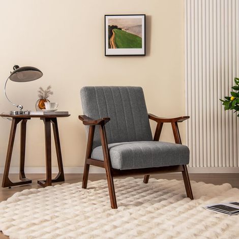 Modern Leisure Chair Accent Chair with Rubber Wood Armrests & Anti-slip Felt Pads Light Grey (1/5)