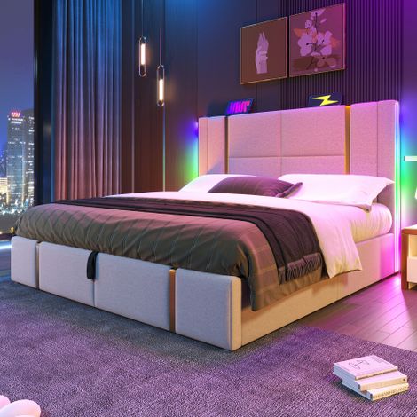 Polsterbett USB Type C Ladefunktion APP-Control LED Einzelbett  Stauraumbetten Bettgestell, Lattenrost aus Holz,Leinenmaterial (Ohne Matratze)