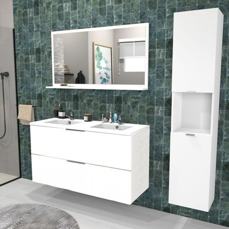 Waschtisch MALAGA 120 cm + Waschbecken + Spiegel + Säule / Weiss/