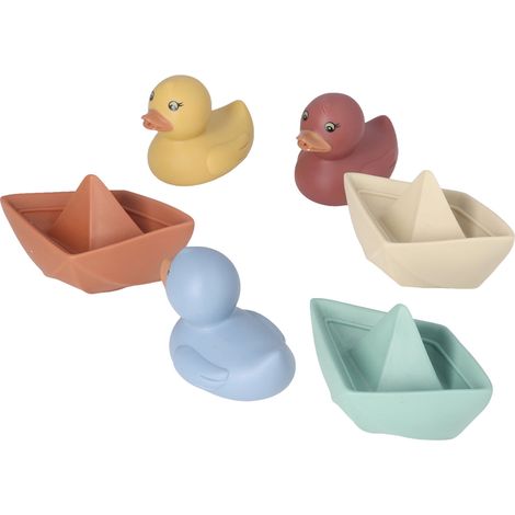 Set mit 6 Badespielzeugen, darunter schwimmende Plastikentenboote und weiche Bausteine für Babys und Kleinkinder. (1/5)